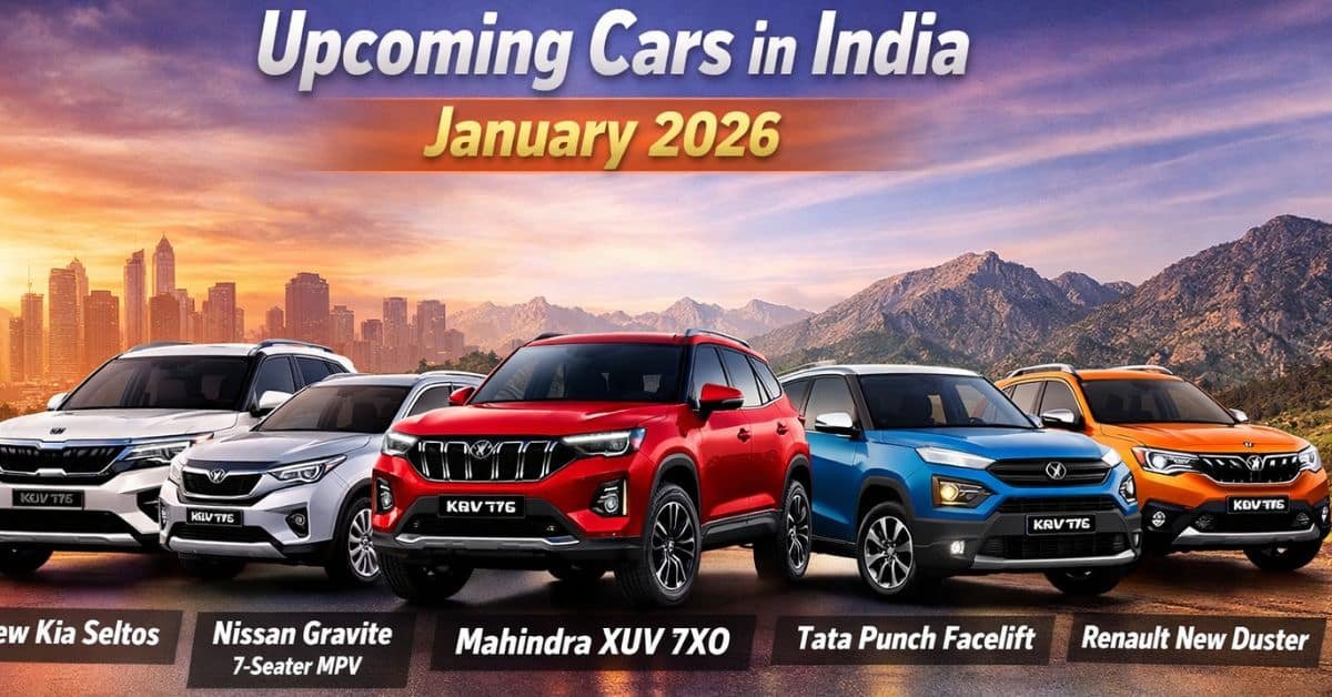 Upcoming cars launching in India in January 2026 including new SUVs and MPVs showcased on a highway backdrop