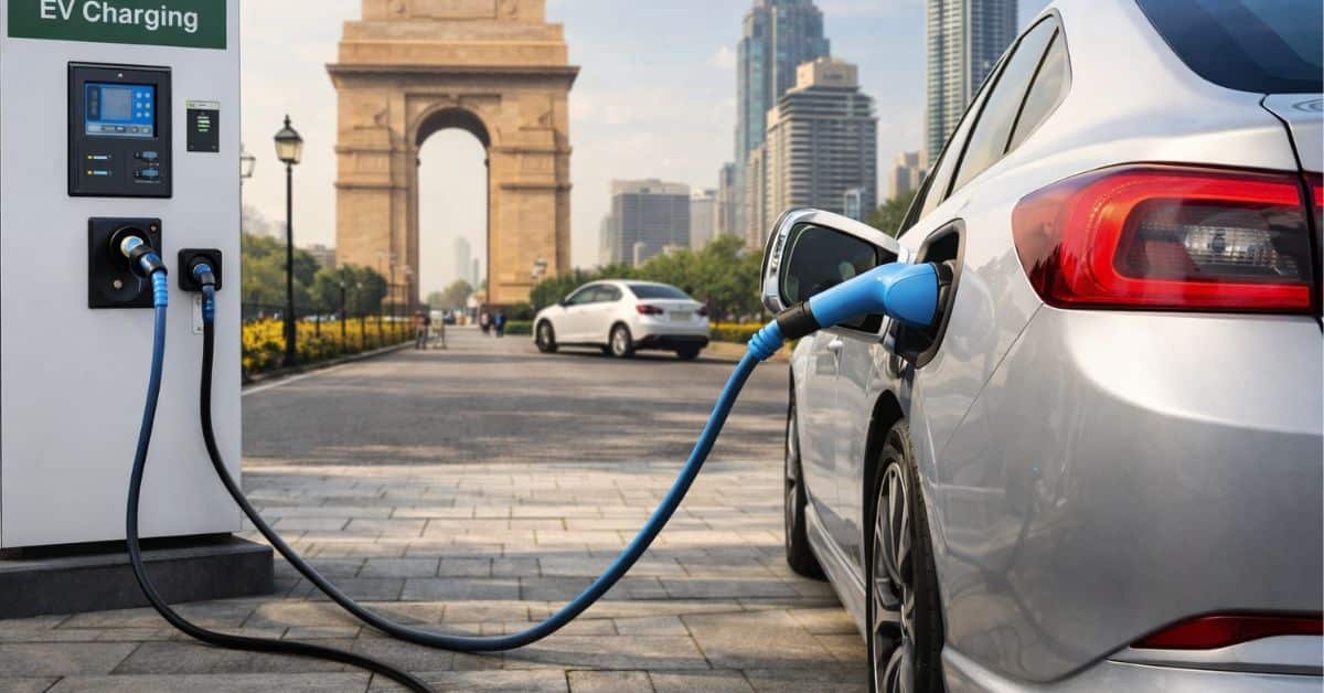 Electric vehicle charging station in India with car plugged in