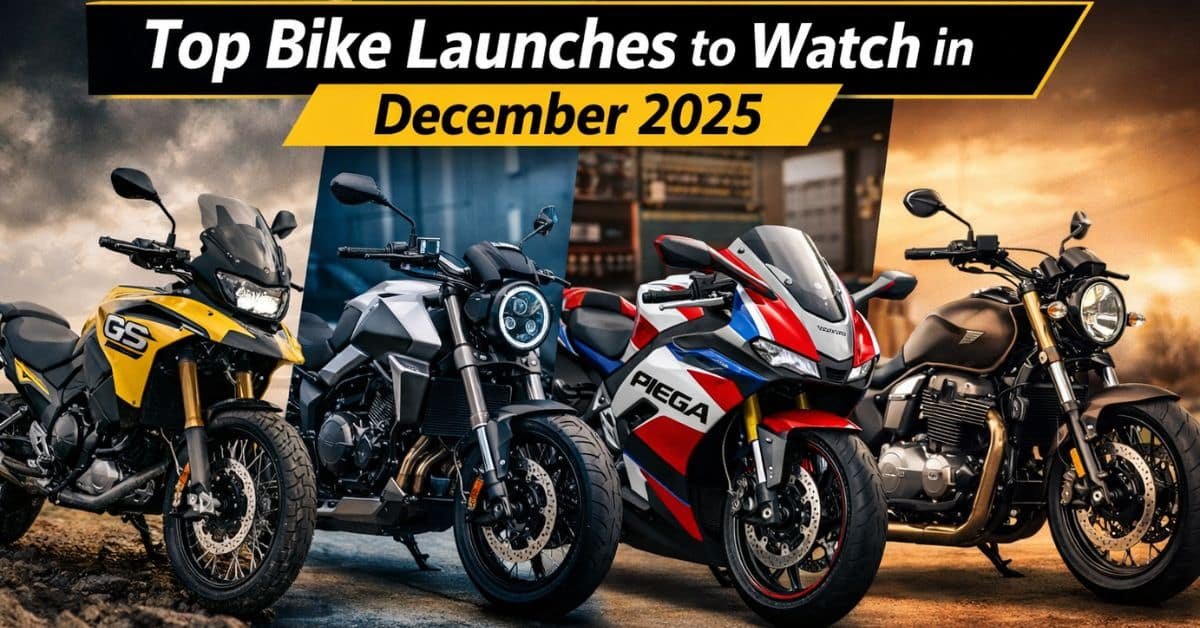 Collage of motorcycles launched in December 2025 including BMW F 450 GS, Brixton Crossfire 500 Storr and FB Mondial Piega 452