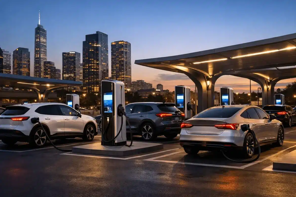 Electric cars charging at a modern EV charging station as competition increases in the global EV market