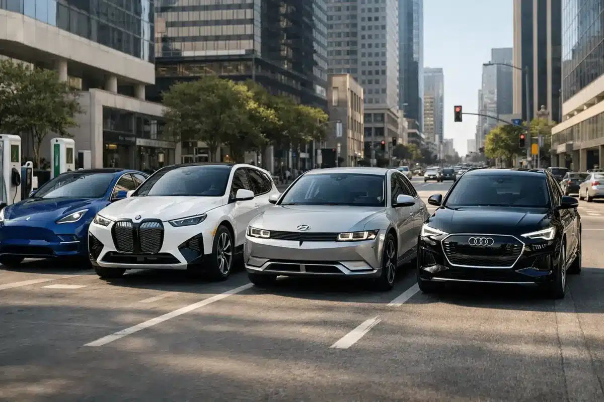 Electric vehicles from multiple brands on city roads highlighting changing global EV sales dynamics