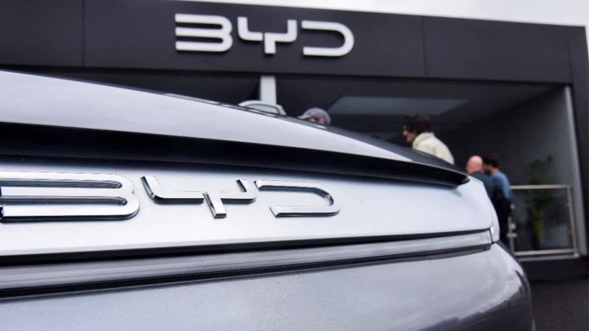 BYD electric vehicles displayed during an official India market event