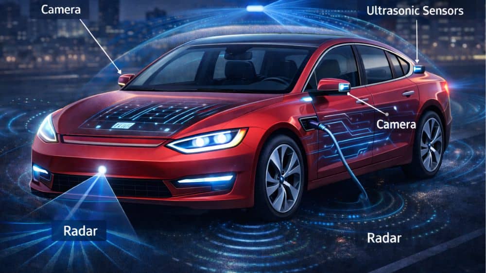 Car exterior highlighting radar, cameras, ultrasonic sensors and LiDAR placement for driver assistance systems.