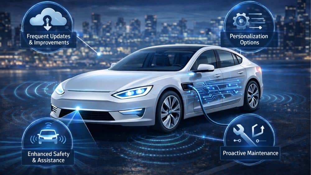 Illustration showing how software-defined vehicles improve ownership with updates, safety, personalization, and maintenance