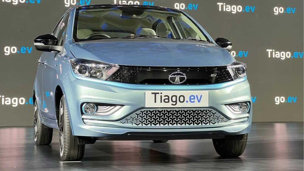 Tata Tiago EV electric hatchback in India showing exterior design for 2026