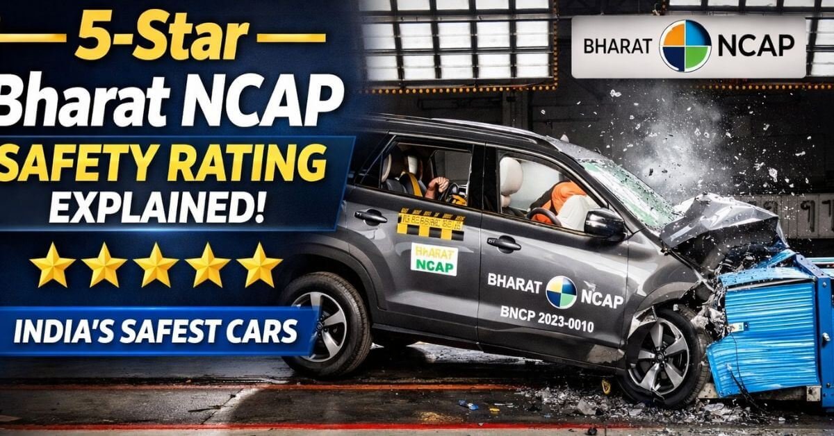 Car undergoing Bharat NCAP crash test demonstrating 5-star safety rating and strong occupant protection in India