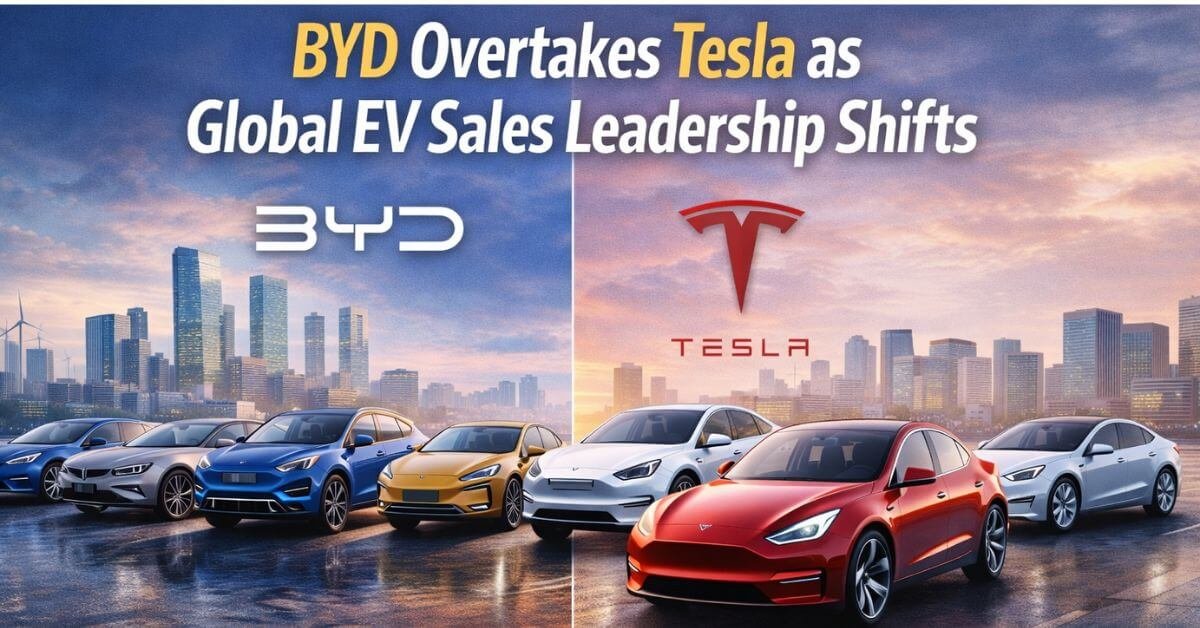 BYD and Tesla electric vehicles highlighting the shift in global EV sales leadership and market competition