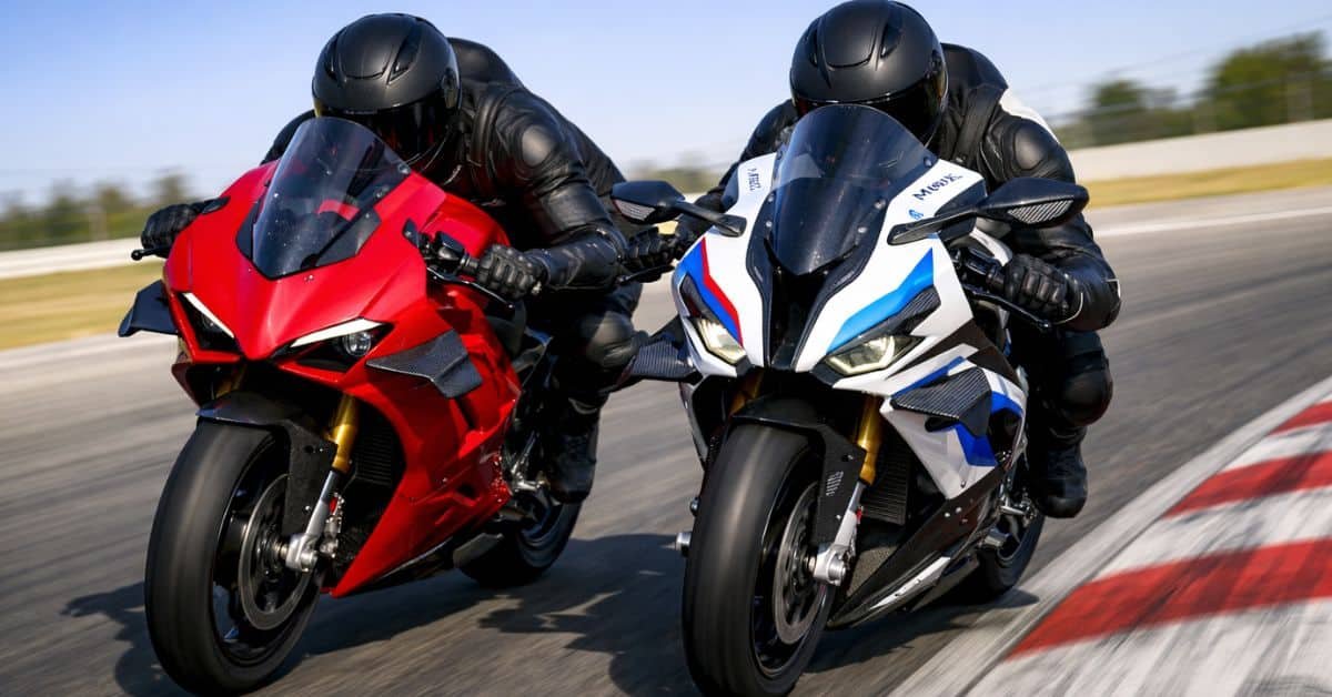 Ducati Panigale V4 R and BMW M 1000 RR superbikes riding side by side on a racetrack highlighting performance and aerodynamic design