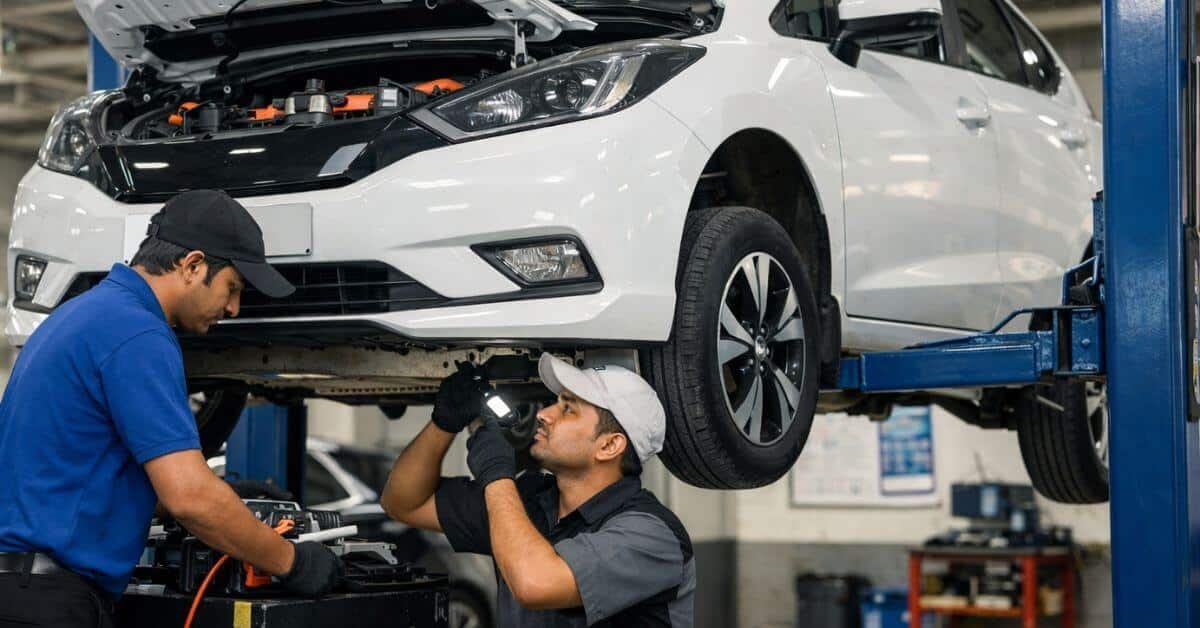 Electric car undergoing routine maintenance inspection at an EV service center in India
