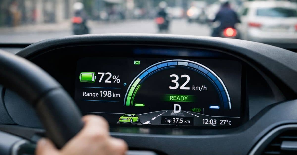 Electric car battery percentage display showing remaining range during daily city driving