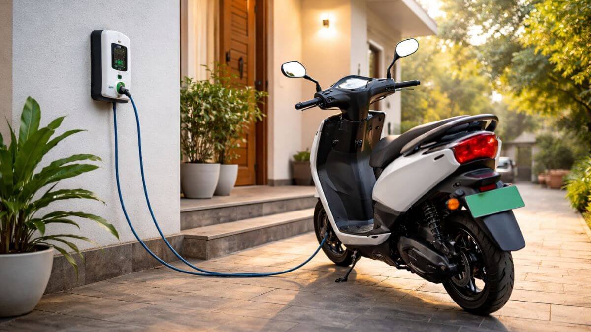 Electric scooter parked at home charging point showing everyday EV ownership lifestyle