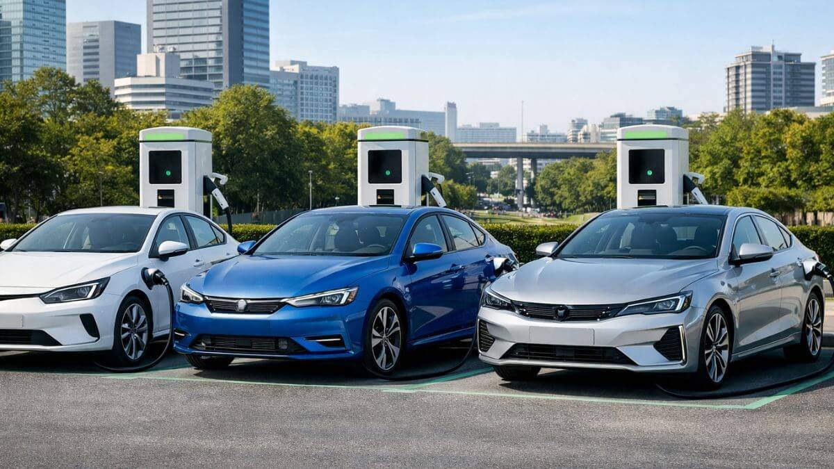 lineup of electric sedans parked with charging station in the background