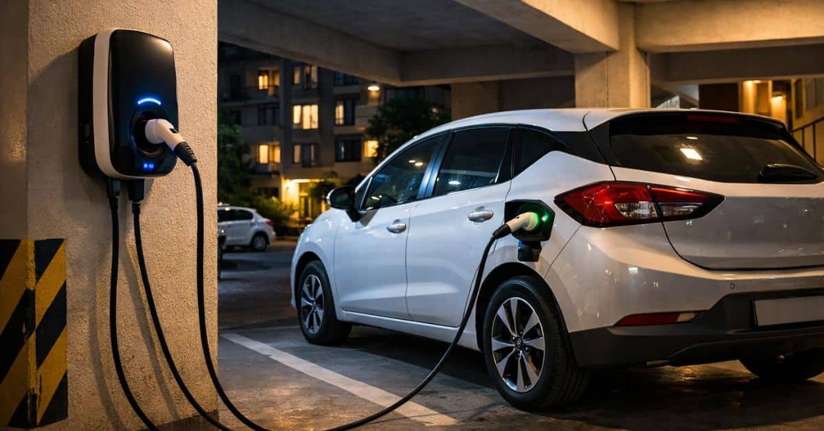 electric car charging overnight in an Indian apartment parking area