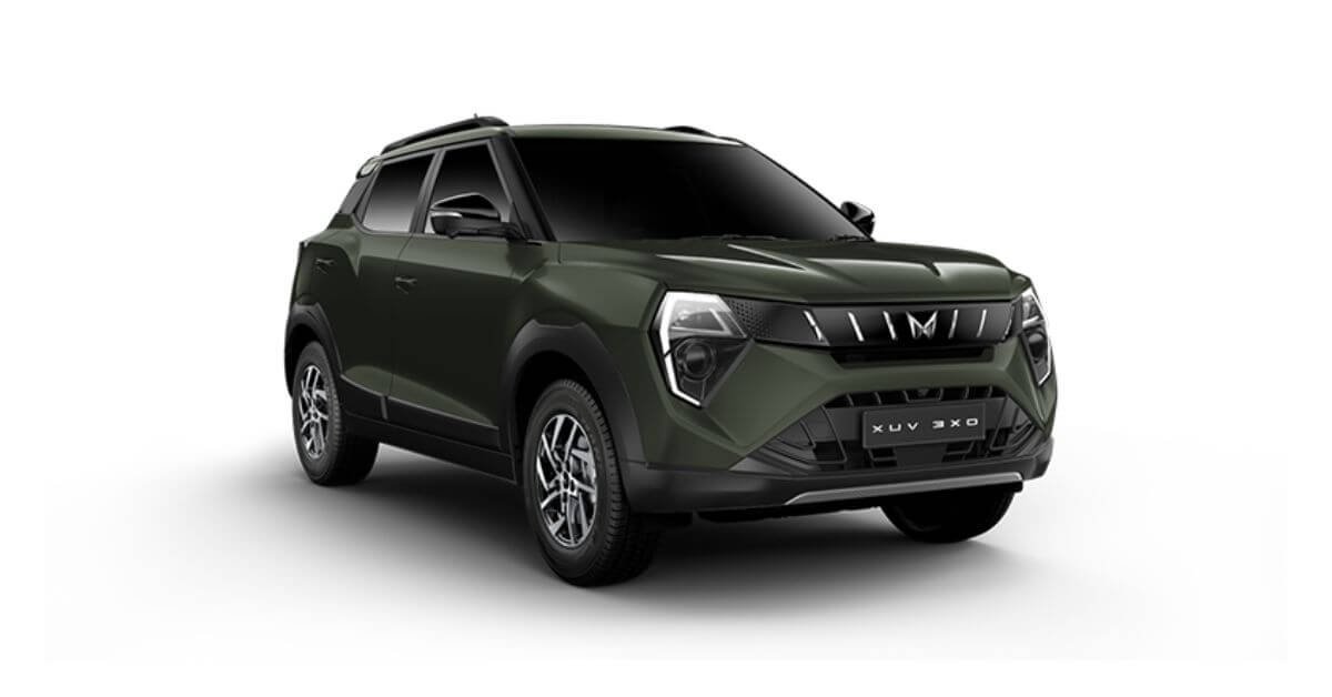 Mahindra XUV 3XO EV parked with open road background, showing front and side profile