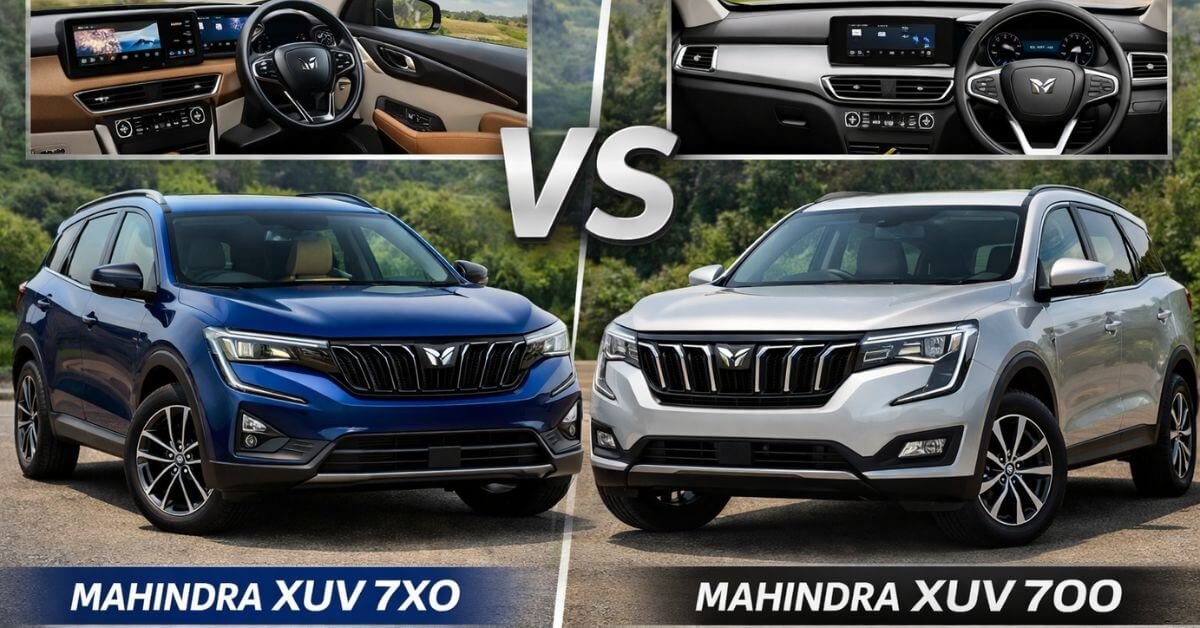 Mahindra XUV 7XO and XUV700 comparison showing exterior design and interior features