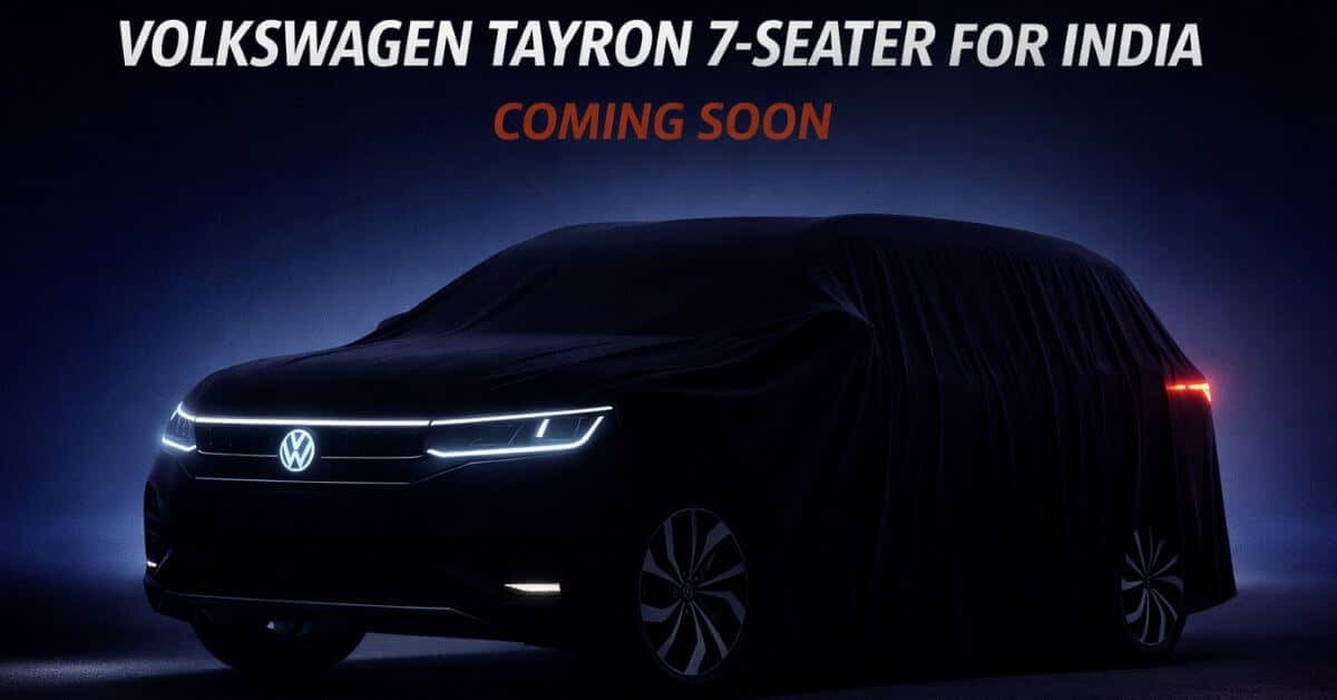 Volkswagen Tayron 7-seater SUV teased for India, showing covered silhouette with LED light signature and large SUV proportions