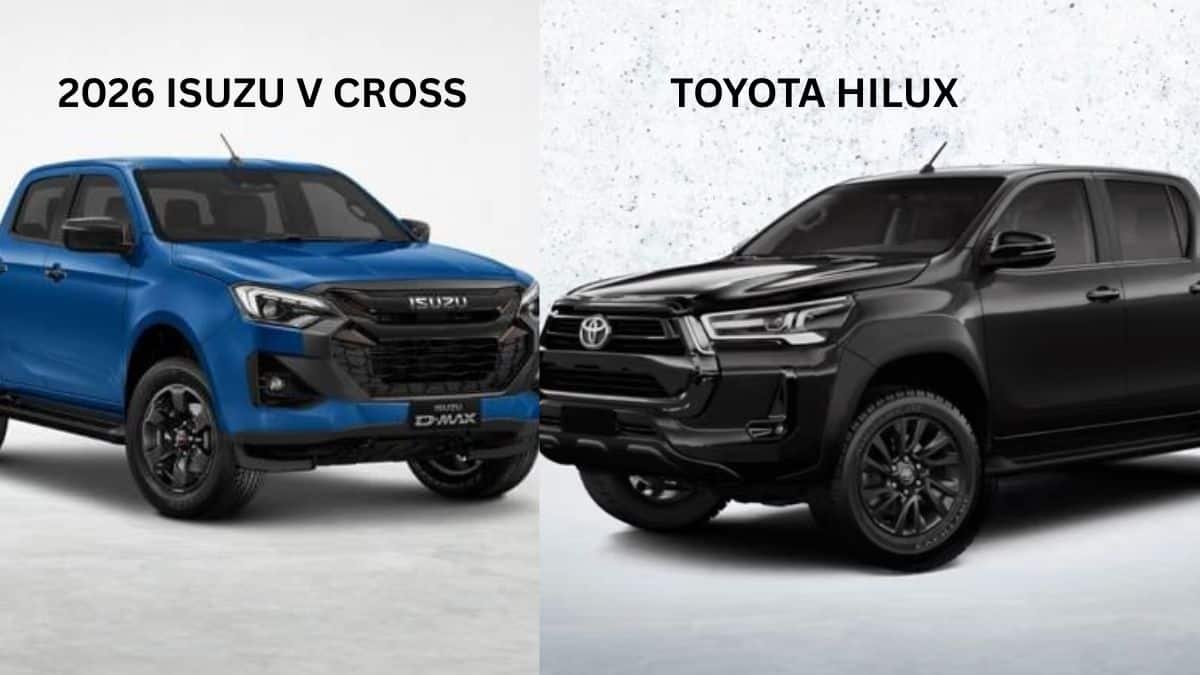 2026 Isuzu V Cross and Toyota Hilux parked side by side showcasing rugged 4x4 pickup design in India