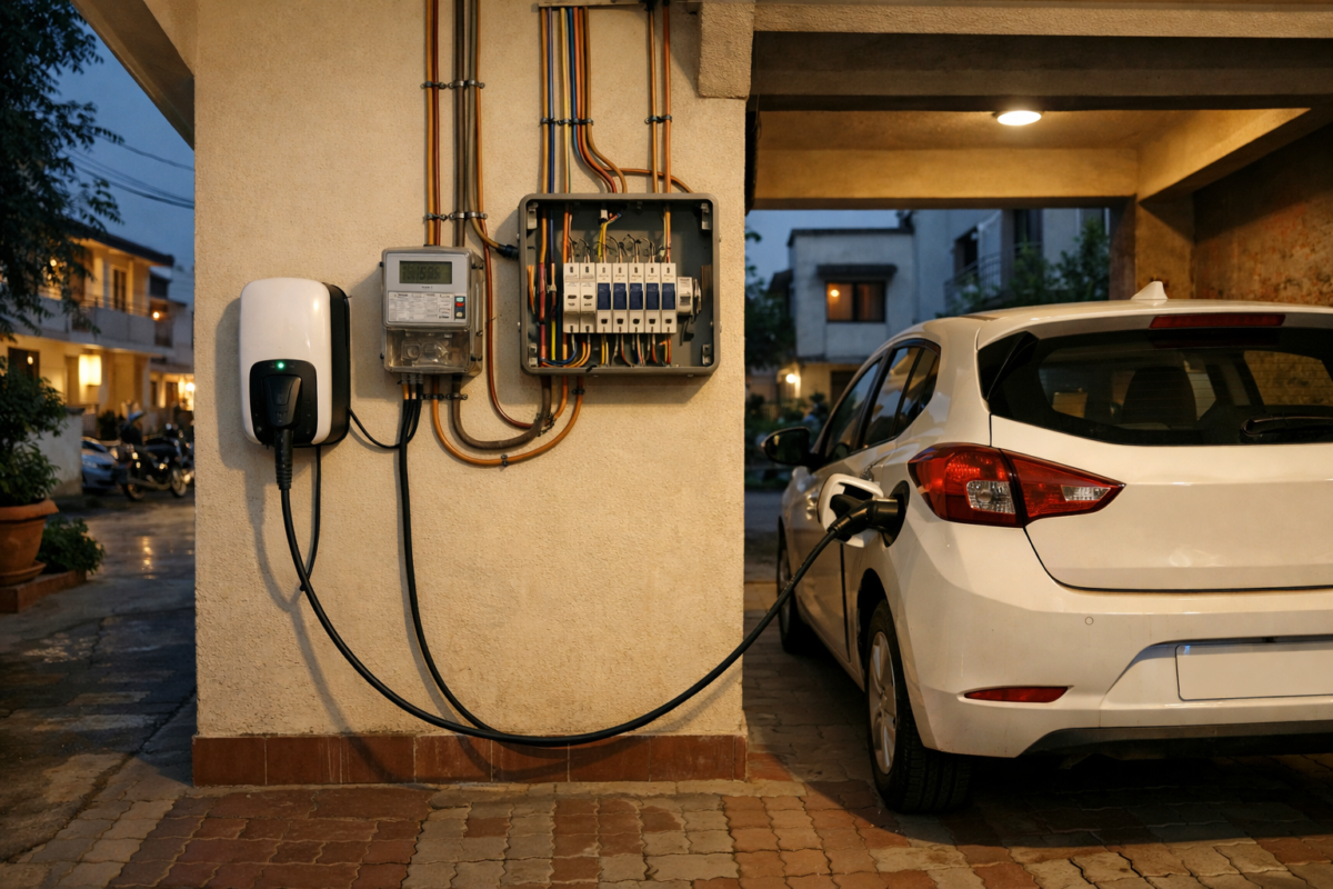 Electric car charging at a home parking setup in a Tier-2 Indian city with visible wiring and meter board