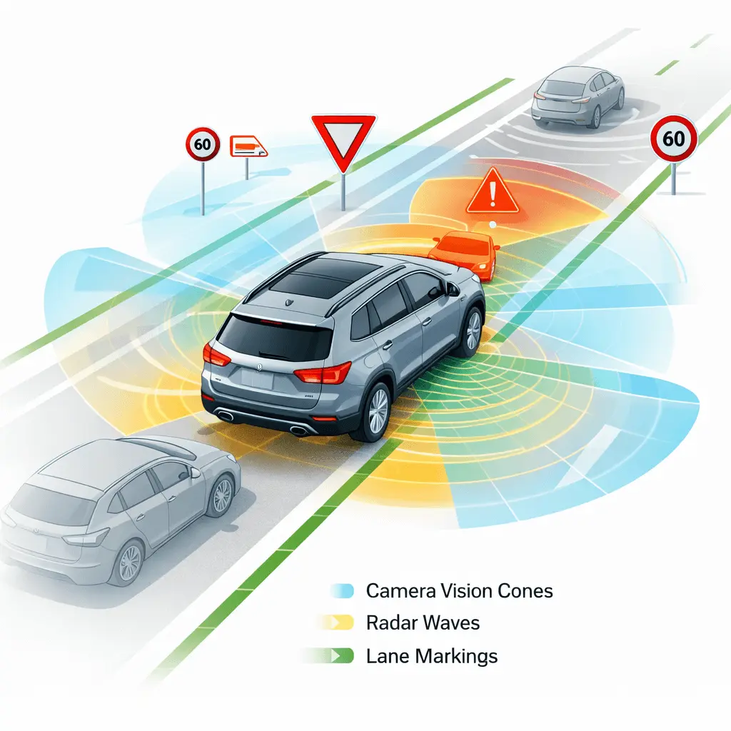 Overview illustration showing how advanced driver assistance systems monitor lanes, vehicles and traffic signs