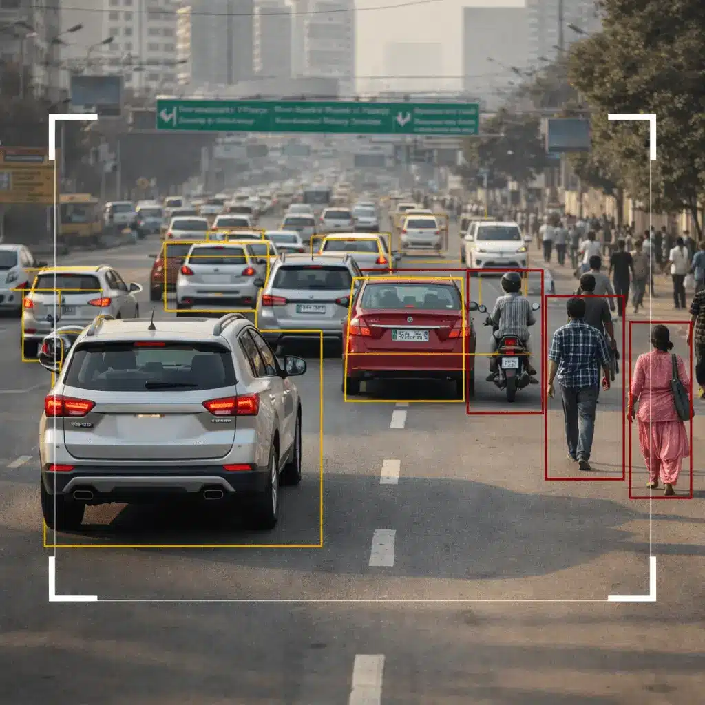 ADAS system detecting vehicles and pedestrians in busy Indian city traffic conditions