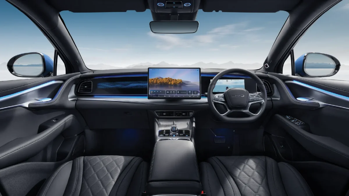 BYD Sealion 7 interior dashboard with rotating touchscreen infotainment system, digital instrument cluster and premium cabin materials