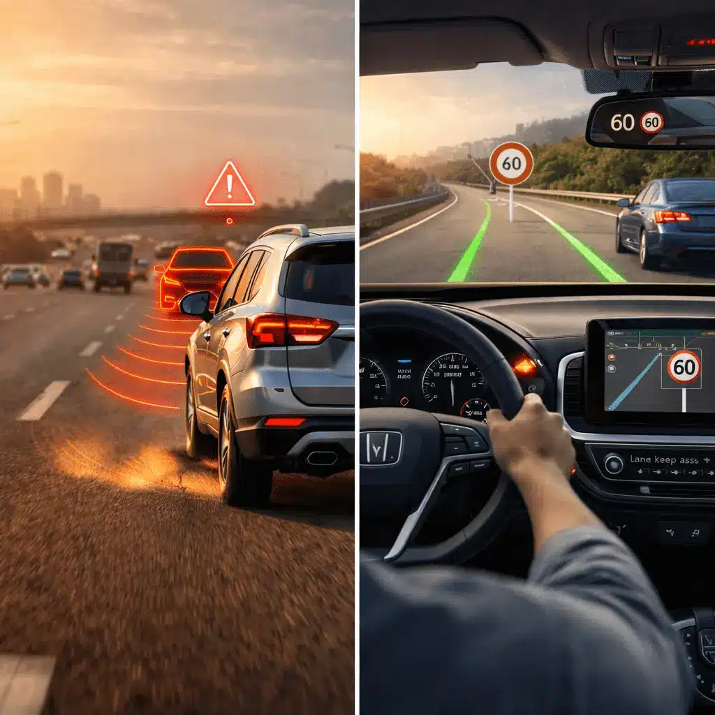 ADAS safety features in action including automatic emergency braking, lane keep assist and blind spot warning