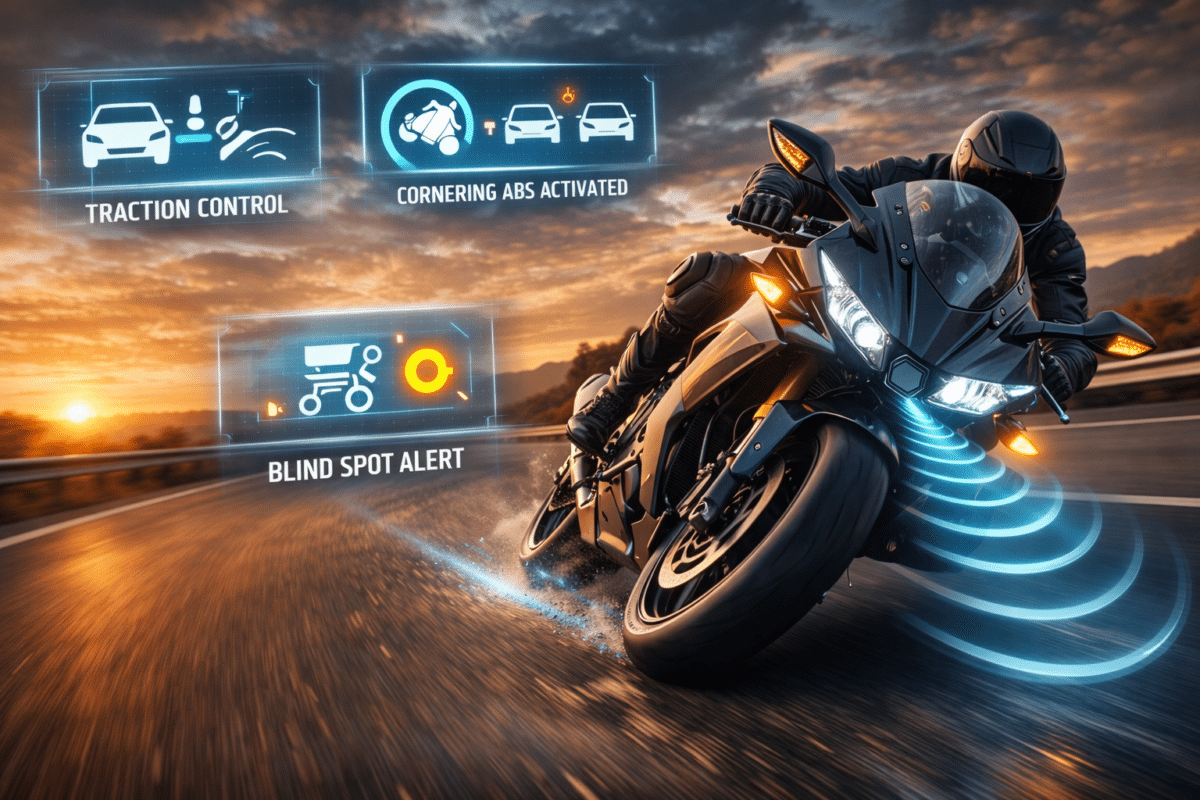 Motorcycle cornering ABS and traction control system visualization