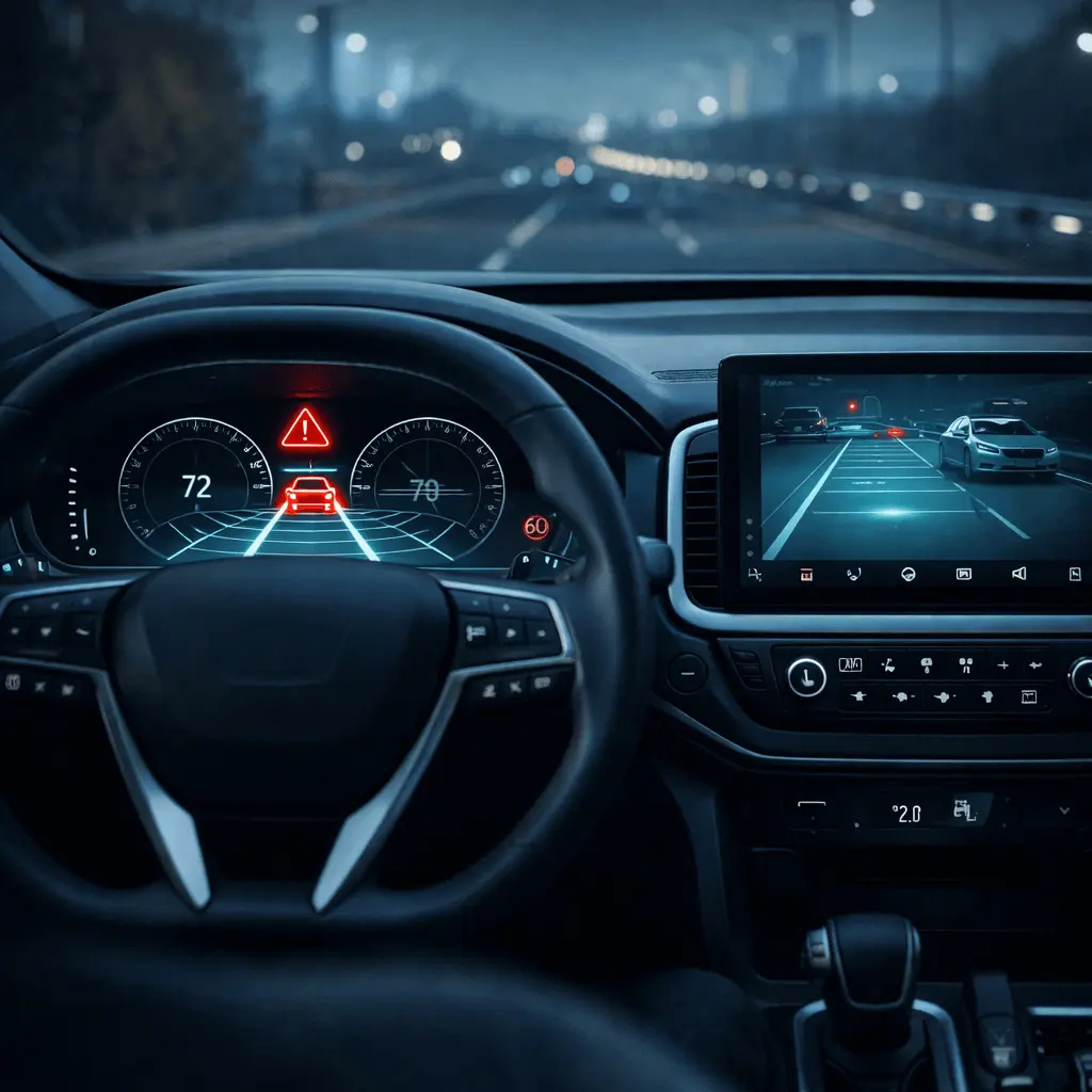 Future car interior showing advanced driver assistance system displays and digital driving assistance visuals