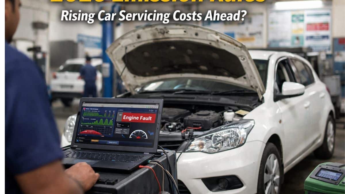 Car undergoing diagnostic servicing in an Indian automobile workshop