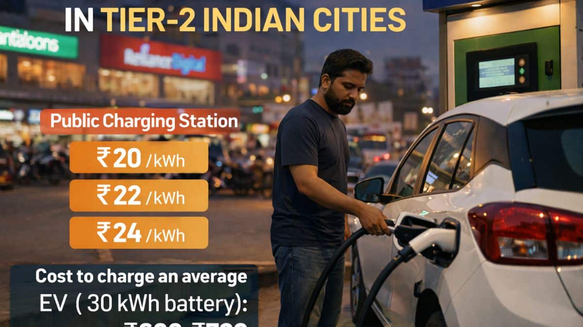 Electric car charging at a public EV station in a tier-2 Indian city without home charging access