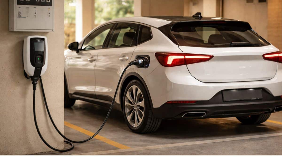 Electric car charging at home charger installed in Indian apartment parking area