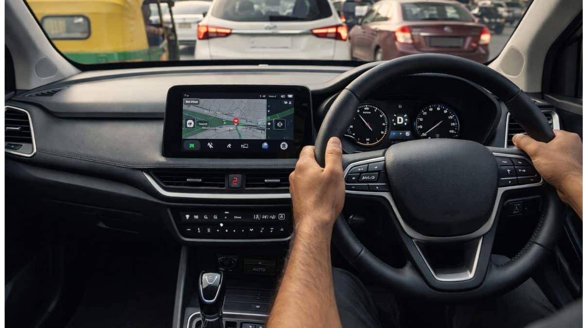 Driver using CVT automatic car in stop and go city traffic in India