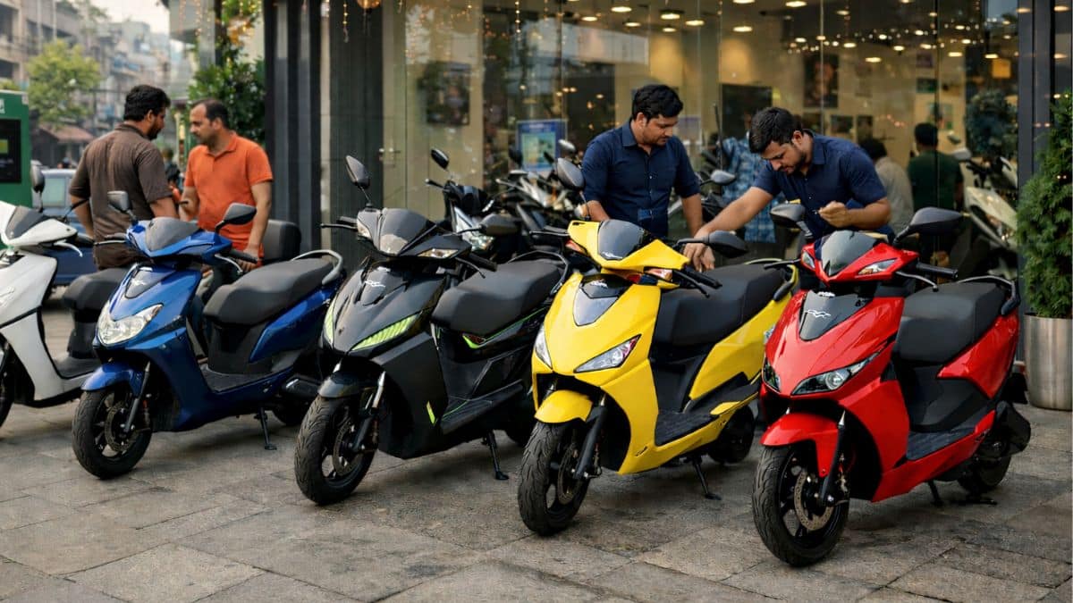 Electric scooters parked at dealership in India showing EV market growth