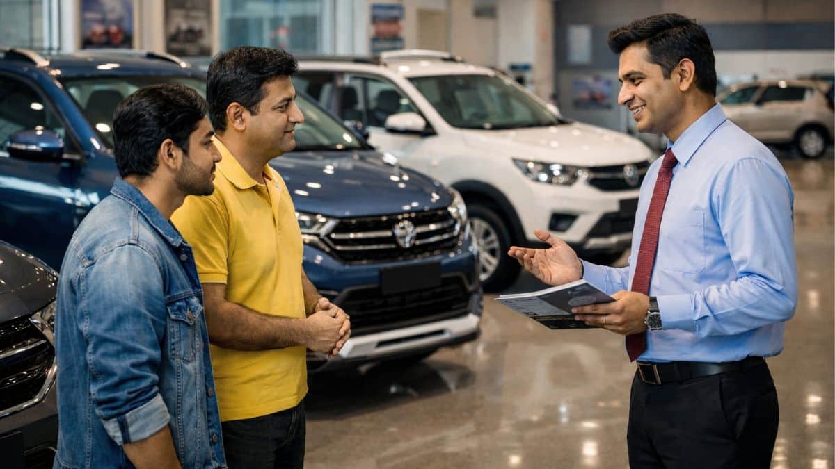 Indian car showroom showing different car variants with focus on base and mid trims discussion
