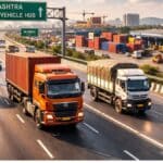 Commercial trucks and freight vehicles on Maharashtra highway representing Q3 FY2025-26 sales leadership