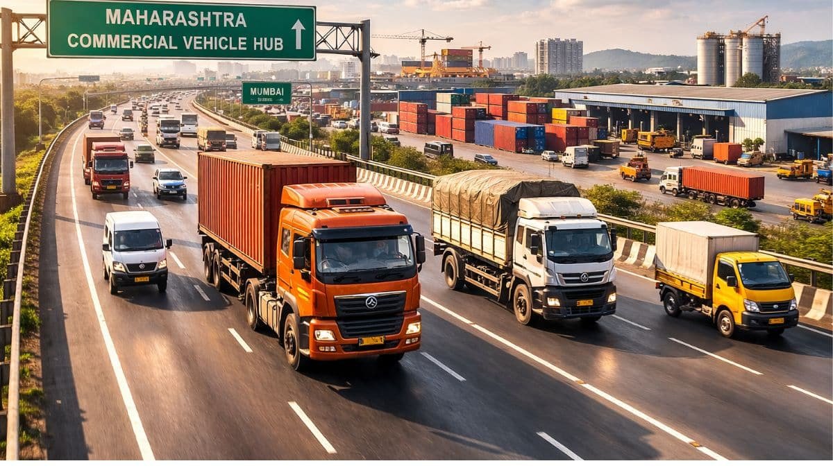 Commercial trucks and freight vehicles on Maharashtra highway representing Q3 FY2025-26 sales leadership