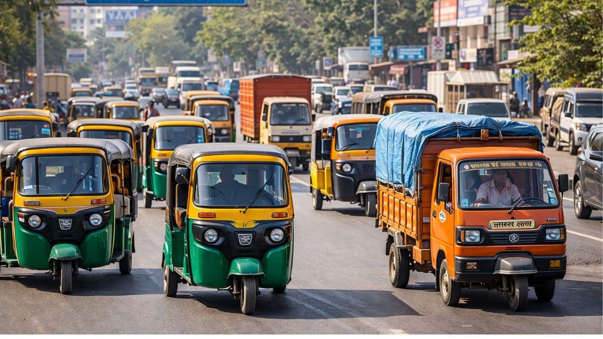 Auto-rickshaws and cargo three-wheelers on a busy Gujarat city road during Q3 FY2025-26 sales period