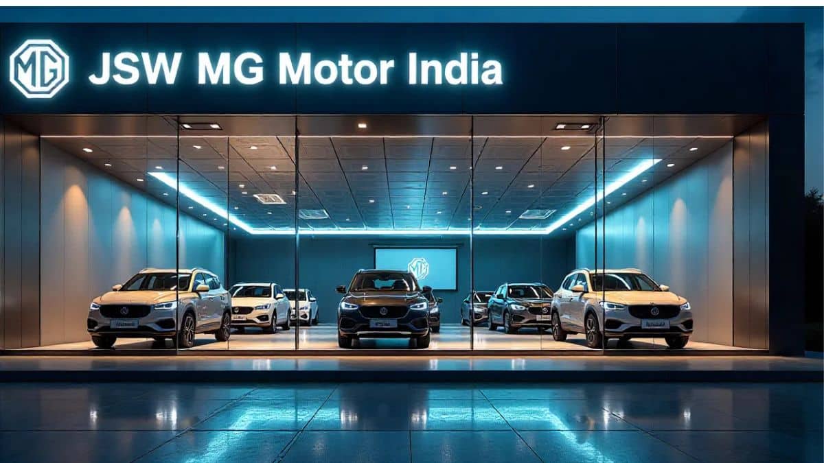 JSW MG Motor India passenger vehicles displayed at a dealership during January 2026 sales period