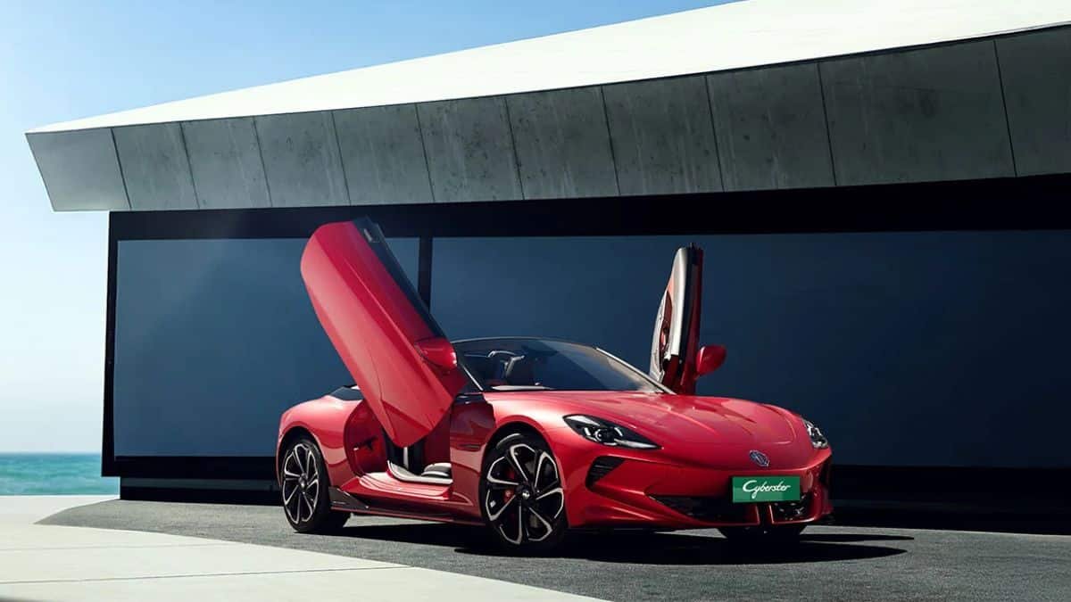 MG Cyberster electric sports car showcasing sleek roadster design and performance-focused stance on Indian roads