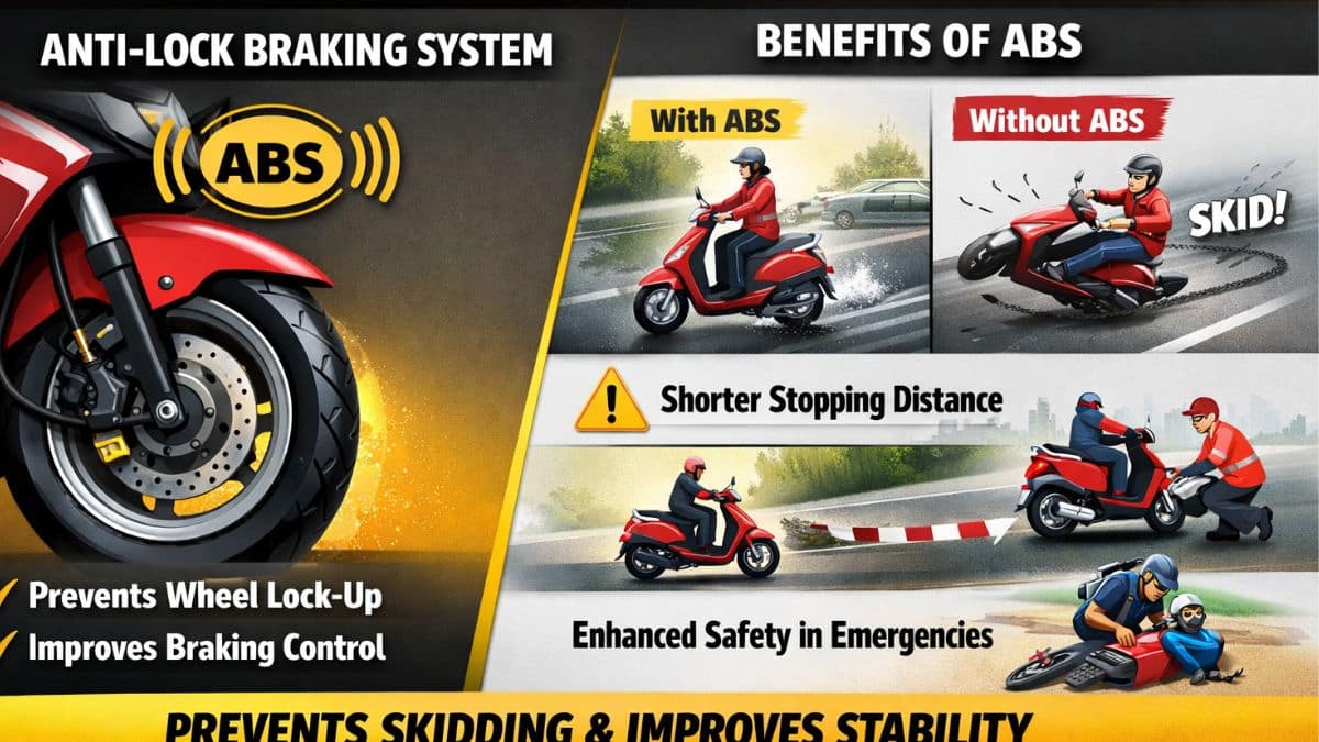 Anti-lock braking system infographic showing how ABS prevents wheel lock-up, improves braking control, and reduces skidding in scooters and motorcycles during emergency braking