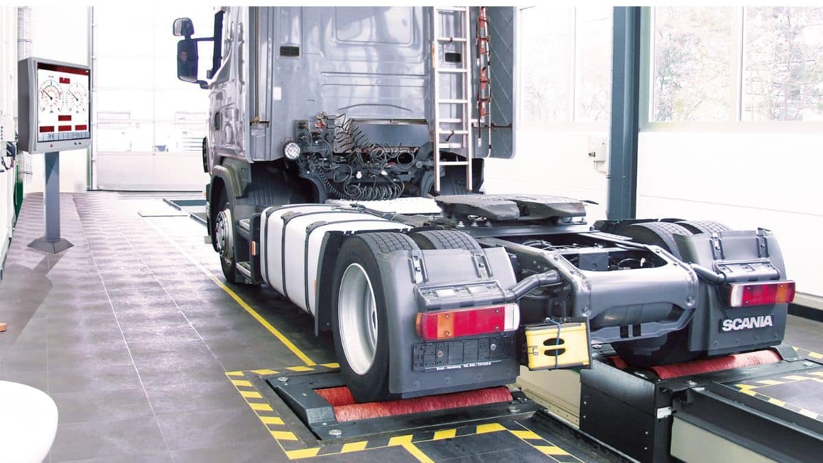 Commercial vehicle undergoing fitness inspection at an RTO testing center in India as authorities tighten guidelines to curb illegal fitness certificates.