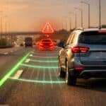 Modern SUV driving on an Indian highway with ADAS features like lane assist and adaptive cruise control active