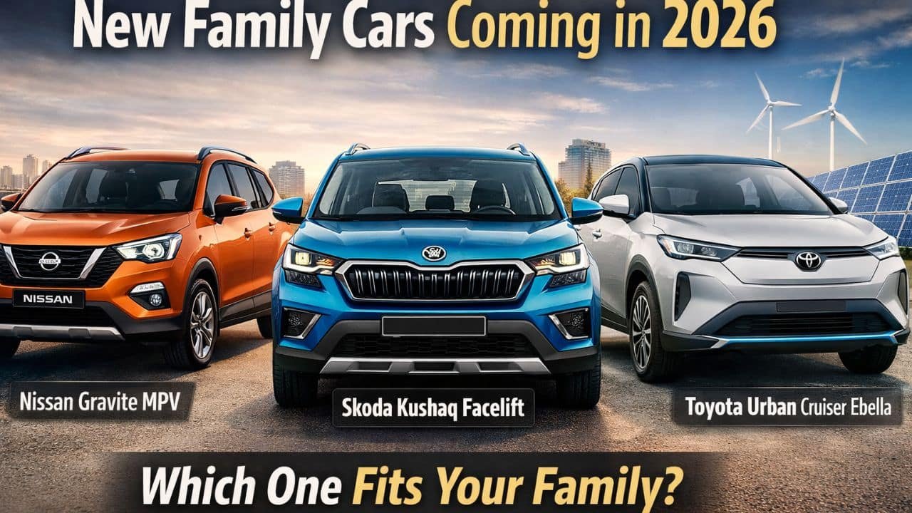 Affordable family cars launching in India in 2026 including Nissan Gravite MPV, Skoda Kushaq facelift, and an urban electric SUV