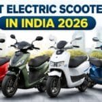 Best electric scooters in India 2026 banner featuring modern EV scooters with highlighted price, battery range, and charging features against a city background