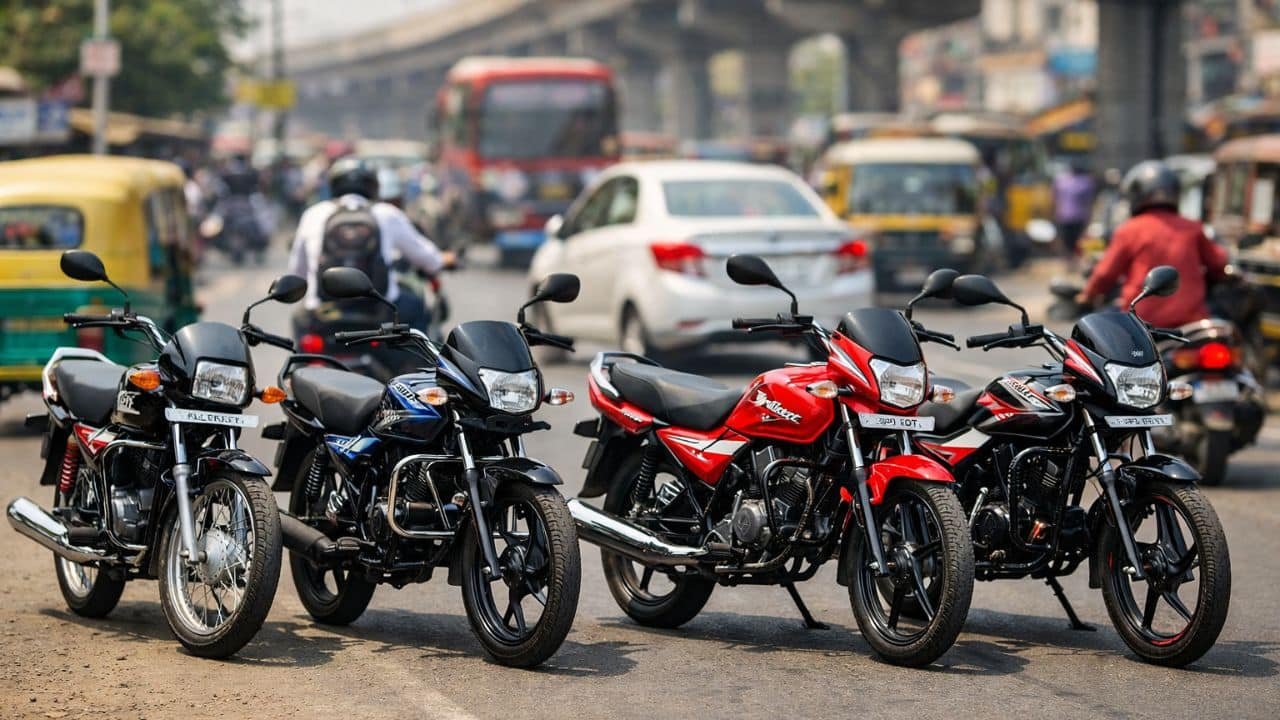 High mileage commuter bikes parked on a busy Indian city road