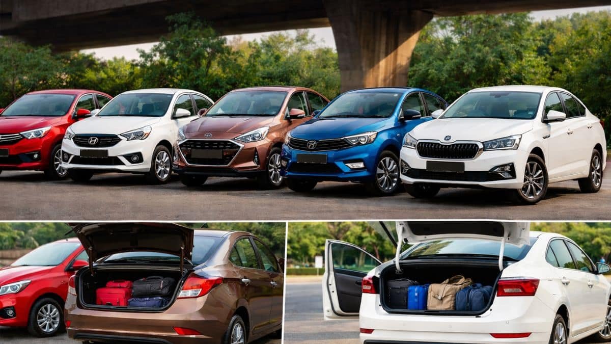 Family sedan cars under 15 lakhs parked together highlighting spacious cabin and large boot space in India