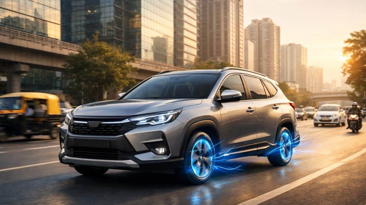 Hybrid SUV driving on an Indian city road symbolizing the growing popularity of hybrid cars in India.