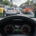 Petrol car dashboard showing fuel efficiency under BS6 Phase 2 in Indian city traffic