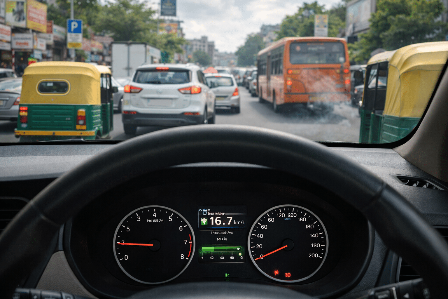 Petrol car dashboard showing fuel efficiency under BS6 Phase 2 in Indian city traffic