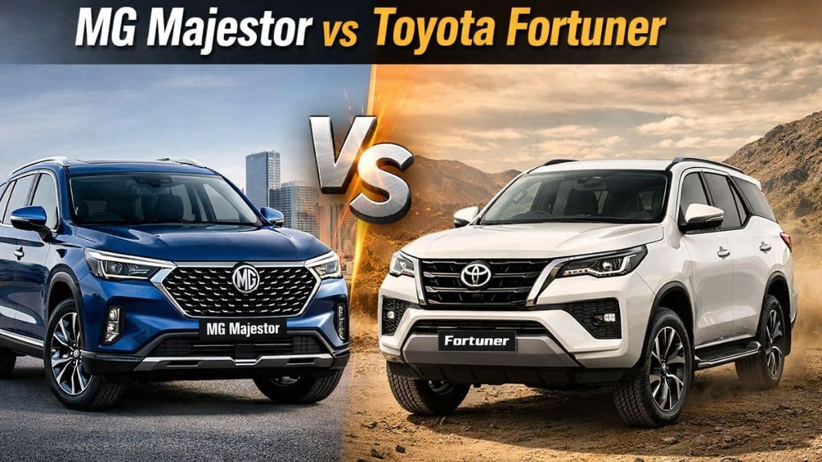 MG Majestor vs Toyota Fortuner side by side comparison showing front design and SUV road presence in India